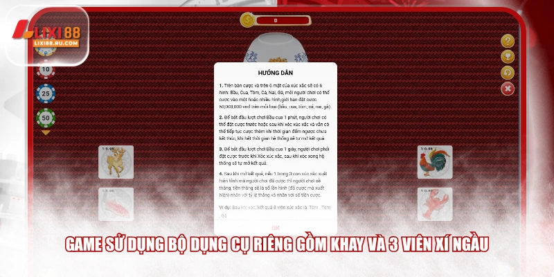 Game sử dụng bộ dụng cụ riêng gồm khay và 3 viên xí ngầu