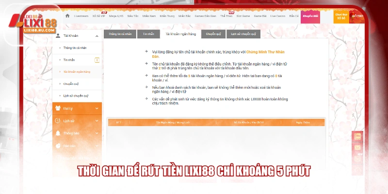 Thời gian để rút tiền LIXI88 chỉ khoảng 5 phút